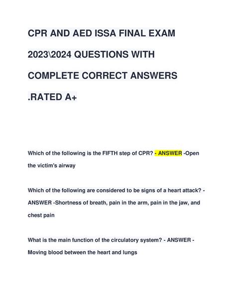 cpr and aed final exam issa|CPR and AED ISSA FINAL EXAM QUESTIONS & ANSWERS 2024